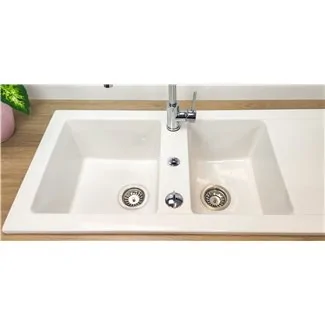 White lingot ceramic sink 2 bowls and drainer