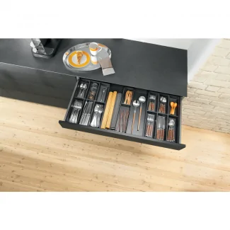 Here's the English translation:Designer cutlery organizer in steel by Blum 300mm