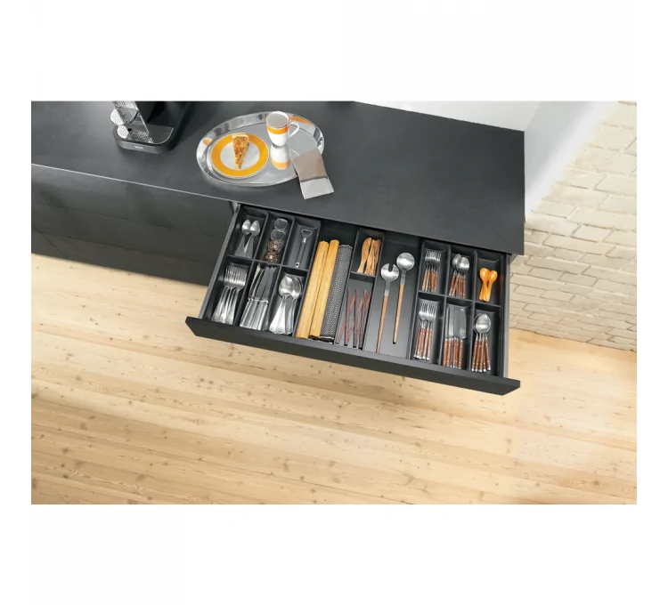 Here's the English translation:Designer cutlery organizer in steel by Blum 300mm